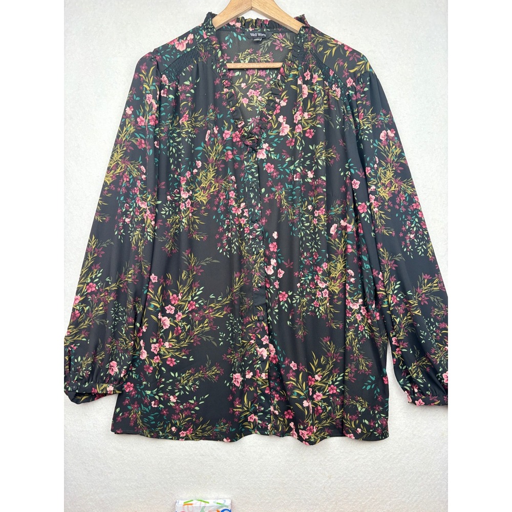 Well Worn Blouse Womens 3X Floral Ruffle V Neck‎ Plus Size Boho